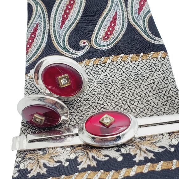 Anson Silver Tone Cufflinks & Tie Bar Red Clasp Clip MCM Oval CZ Rhinestone - Picture 9 of 11